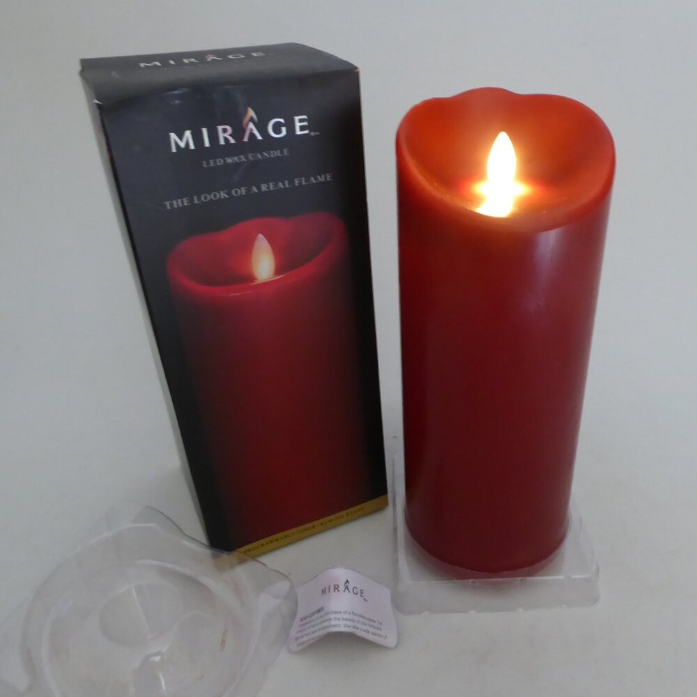 USED ONCE 3.75” x 9.5” MIRAGE RED REAL WAX LED FLAME EFFECT PILLAR CANDLE